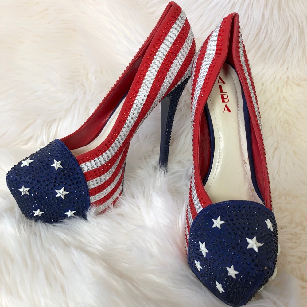 Alba Rhinestone Patrotic USA Pump Size 10 Red Blue